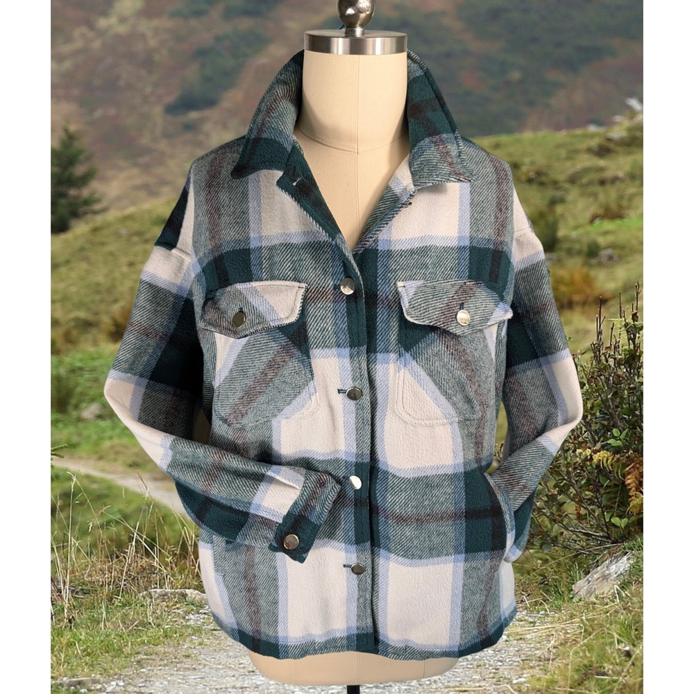 Workshop Republic Clothing Plaid Shacket Green Cream Blue XL Shirt Jacket